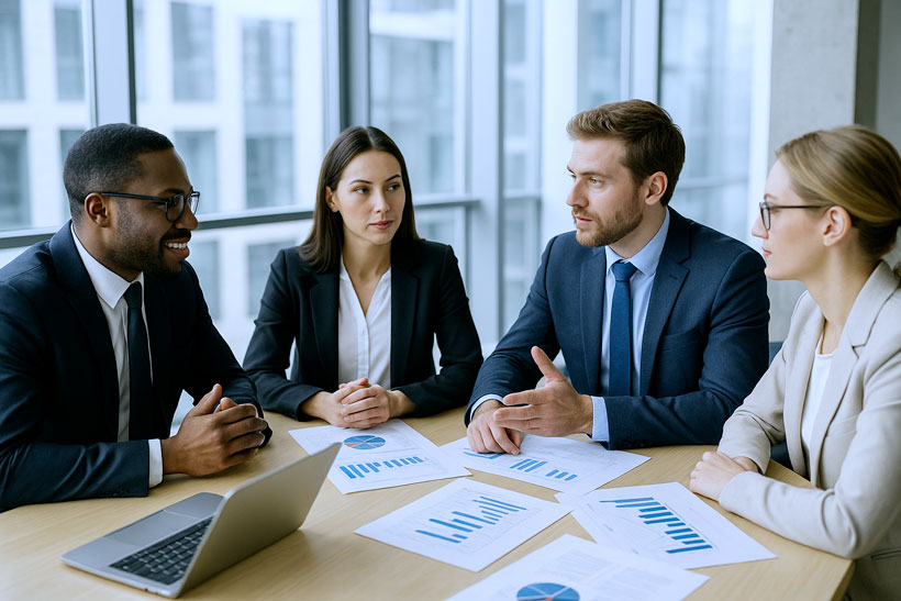 Équipe de professionnels autour d’une table avec ordinateurs portables et graphiques financiers discutant de stratégies d’achat et d’optimisation des coûts