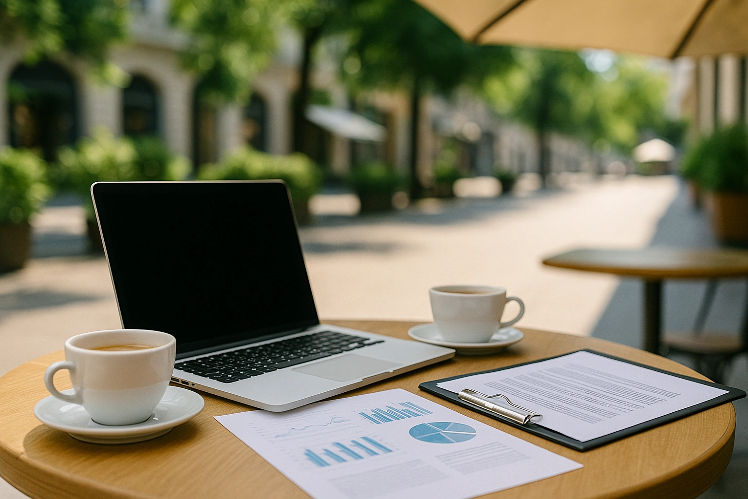 Espace de travail en terrasse avec ordinateur portable, documents graphiques et deux cafés, suggérant un moment de planification serein en plein air.