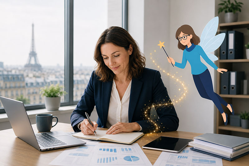 Une dirigeante travaille à son bureau avec la tour Eiffel en arrière-plan, accompagnée d’une fée illustrée tenant une baguette magique