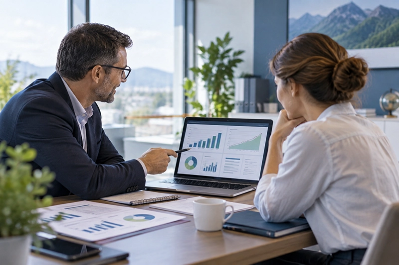 Un expert-comptable Acorev accompagne une dirigeante dans l’analyse de ses indicateurs de gestion pour anticiper sereinement l’avenir de son entreprise.