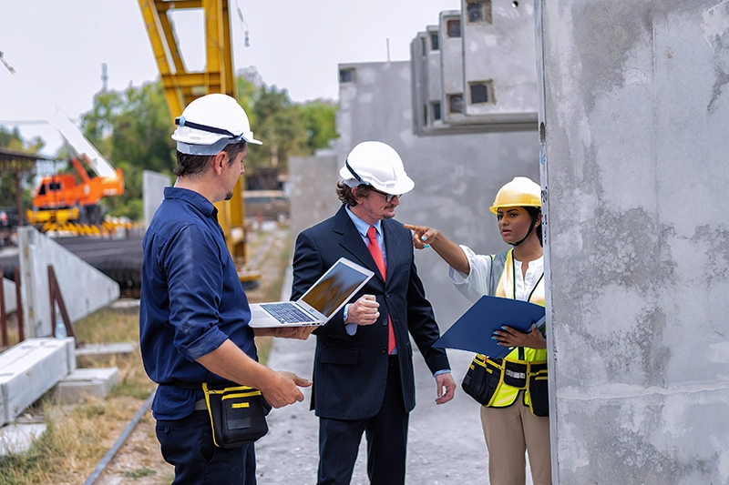 Inspecteurs et responsable de chantier vérifiant des documents sur un chantier BTP pour assurer la conformité réglementaire