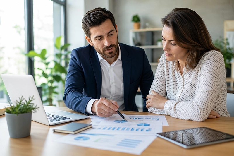 Un dirigeant de PME et une collaboratrice étudient des graphiques financiers liés au partage de la valeur en entreprise.