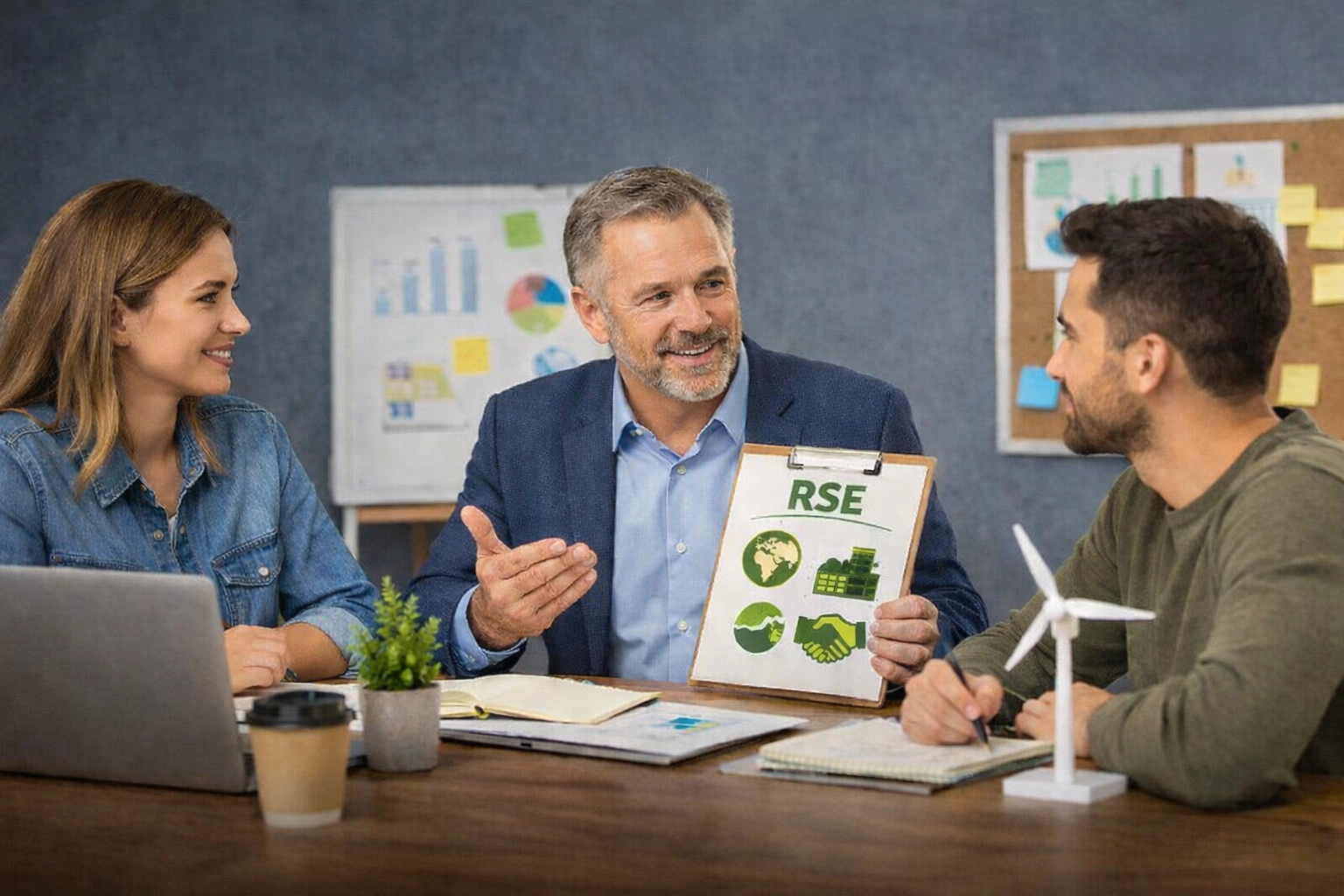 Réunion d’équipe en PME autour d’une démarche RSE avec échanges sur des actions concrètes et responsables